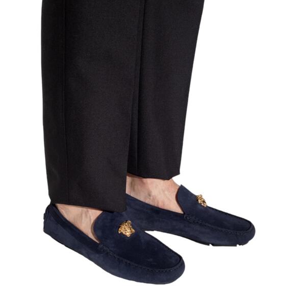 Versace La Medusa Suede Driver Loafers Moccasins Navy Blue Size 42 - Picture 1 of 12